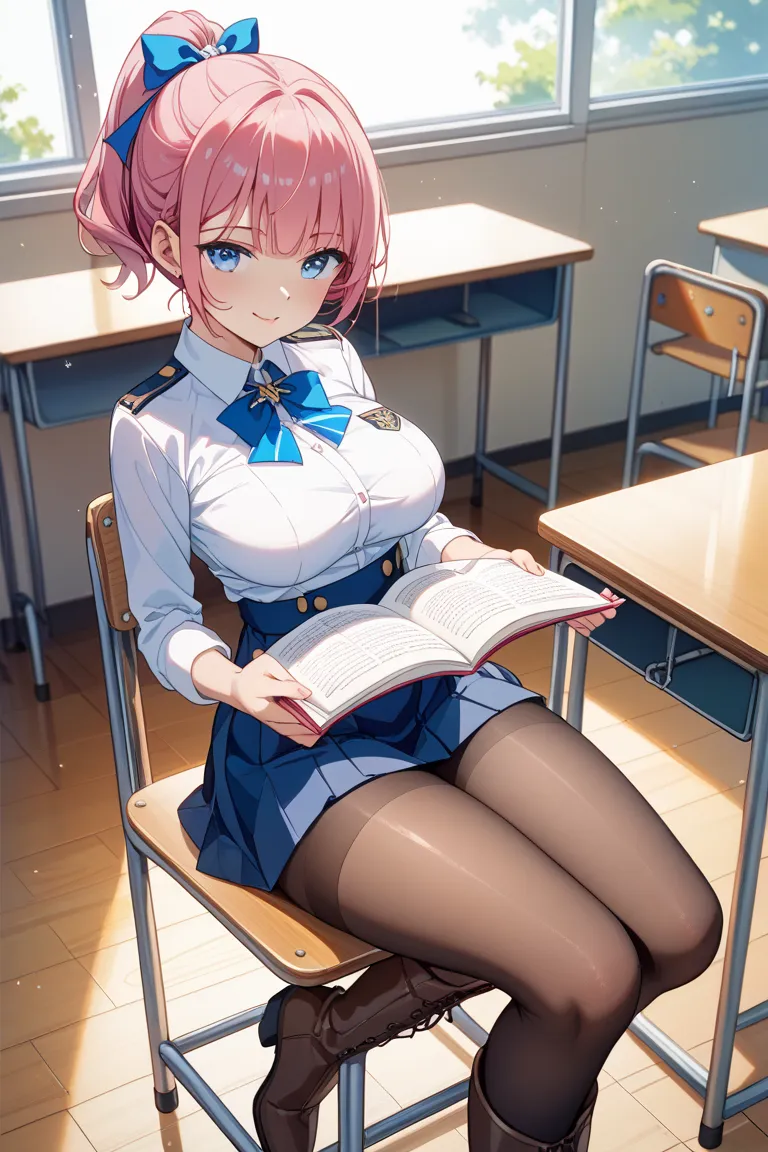  detailed face、Detailed feet、   perfect lighting、Glossy Skin、(   one girl、20-year-old woman)、(   pink hair、   ponytail out of a hole  、   short hair 、   blue eyes、 Big Breasts)、(  miniskirt、uniform、 wearing boots 、 black tights、 hair tied with blue ribbon ...