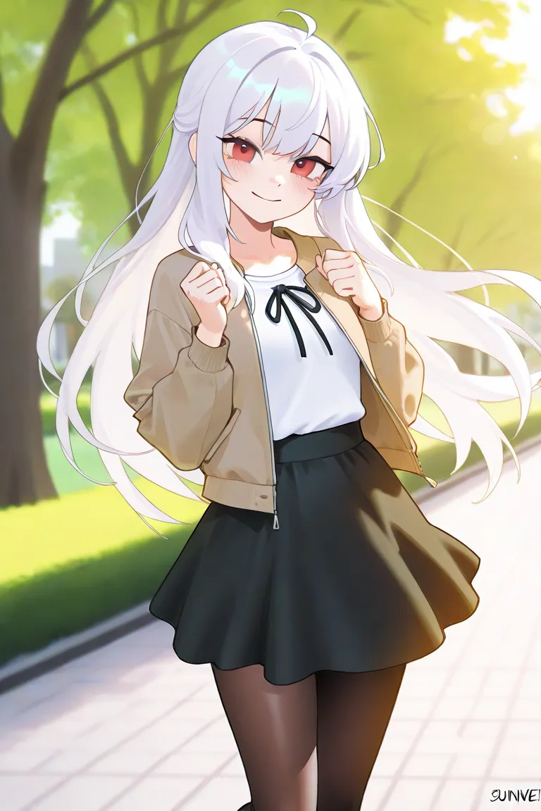 1girl, white long hair, red eyes, casual cute outfit, in a park, looking at wiever, smile, greeting, daytime, dynamic lighting, sunny day, cute pose, pantyhose, skirt, shirt and jacket