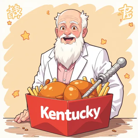  Kentucky “bone-in chicken with aluminum wrapped around the handle” placed on the table、In the box、 aspen、An old man with a white beard standing in the back “wearing a white suit” 、 Simple Illustrations、 anime illustration、2D illustration、 hand-drawn illus...