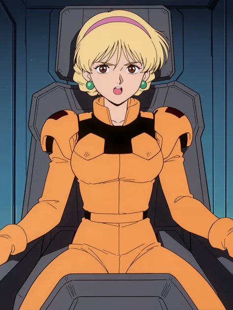 masterpiece, best quality, newest, absurdres, highres, detailed eyes, beautiful, detailed background, perfect eyes, anime coloring, anime screencap, 1990s \(style\), 1girl , Alone, KATEJINA'S STORY. blonde hair, short hair, single bun, french braid, pin...