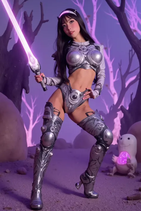 cute sci fi warrior(cute, age 5, woman, busty, nice hips, hourglass figure, shiny sexy battle suit, shiny sexy high heel combat boots, headband with lights and gizmos, energy sword), she is posing sexy, alien landscape, strange bioluminescent trees fungoid...