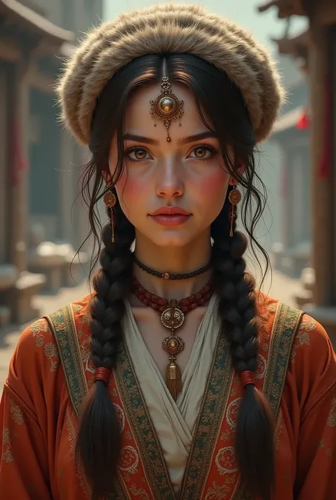 A woman with slanted eyes, brown hair braided in two, with a fur hat, from Gokturk Empire