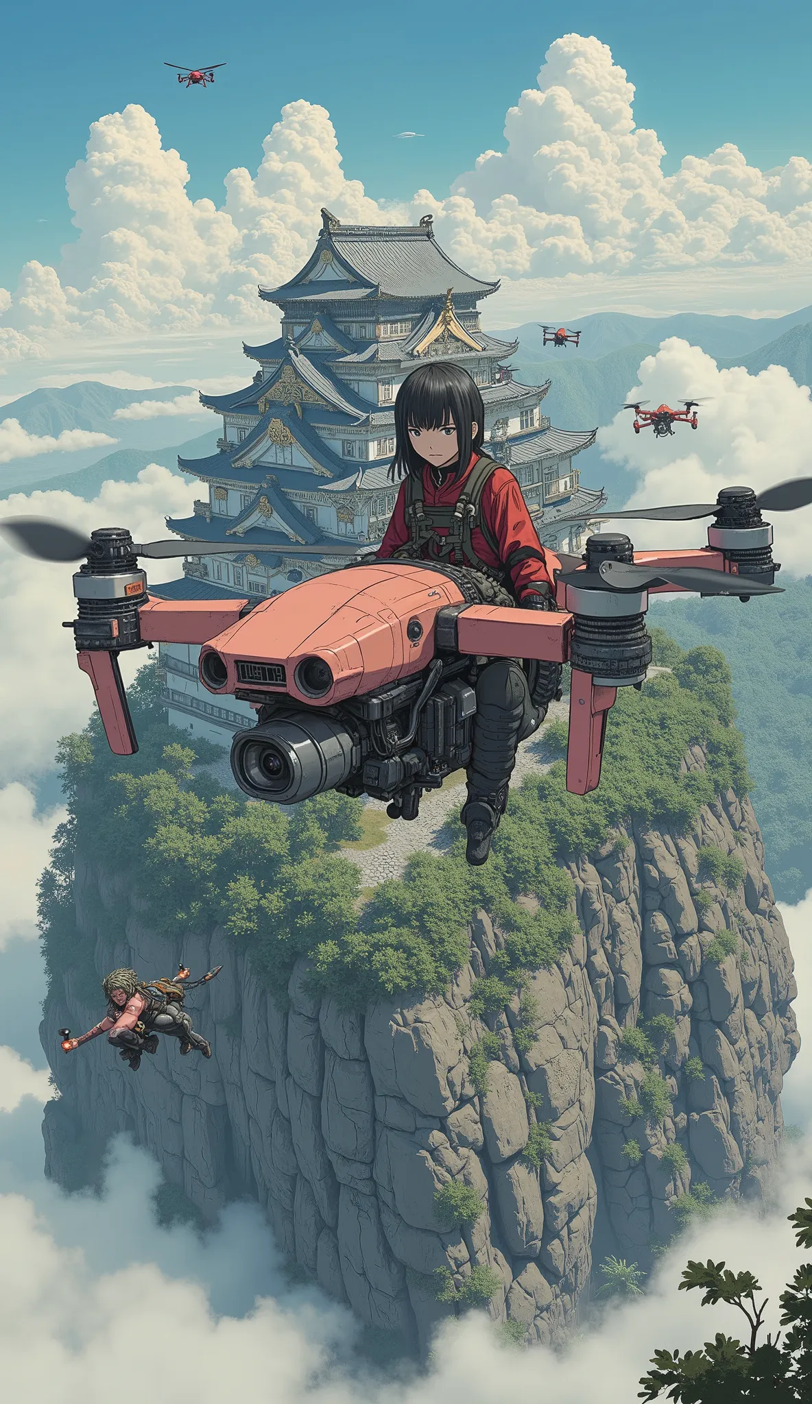  taken from above、 Fisheye 、Anime scene of a young Japanese soldier riding a large drone flying over a Japanese castle, Rinaldo Cuneo depicting a man with a drone  ,  Art Station Contest Winner ,  Digital Art ,  Pascal Blanche ,  Michael Whelan and Thomas ...