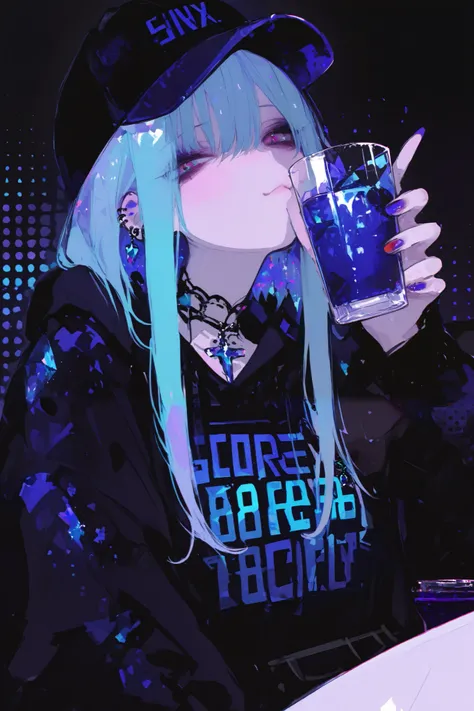 General,SakimiStyle,xxx667_illu,748cmstyle,dark gothic, anime girl, pop art,chibi, colorful polka dot background,
bold graphic text, crystal,vivid blue hair,baseball cap, casual streetwear, oversized jacket, drinking from glass, sitting pose, crystal choke...