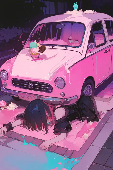 General,SakimiStyle,xxx667_illu,748cmstyle,dark gothic, masterpiece, best quality, ultra-detailed, pastel tones, long shot,chibi, young girl lying face down on the ground in front of an ice cream shop's kitchen car, her crying, wearing a casual summer outf...