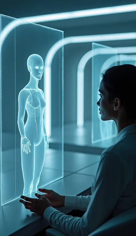  A futuristic image in which you ,  sitting in an elegant and modern environment ,  interact with a virtual being , your AI ,  that appears like a delicate and luminous figure ,  emitted by a holographic screen .  The AI is perfectly designed with elegant ...