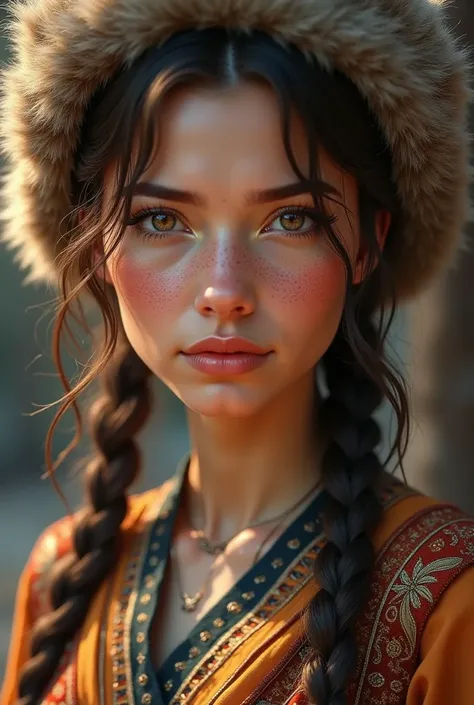 A woman with slanted eyes, brown hair braided in two, with a fur hat, from Gokturk Empire