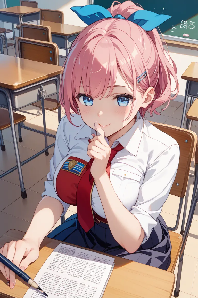  detailed face、Detailed feet、   perfect lighting、Glossy Skin、(   one girl、20-year-old woman)、(   pink hair、   ponytail out of a hole  、   short hair 、   blue eyes、 Big Breasts)、(  miniskirt、uniform、 wearing boots 、 black tights、 hair tied with blue ribbon ...