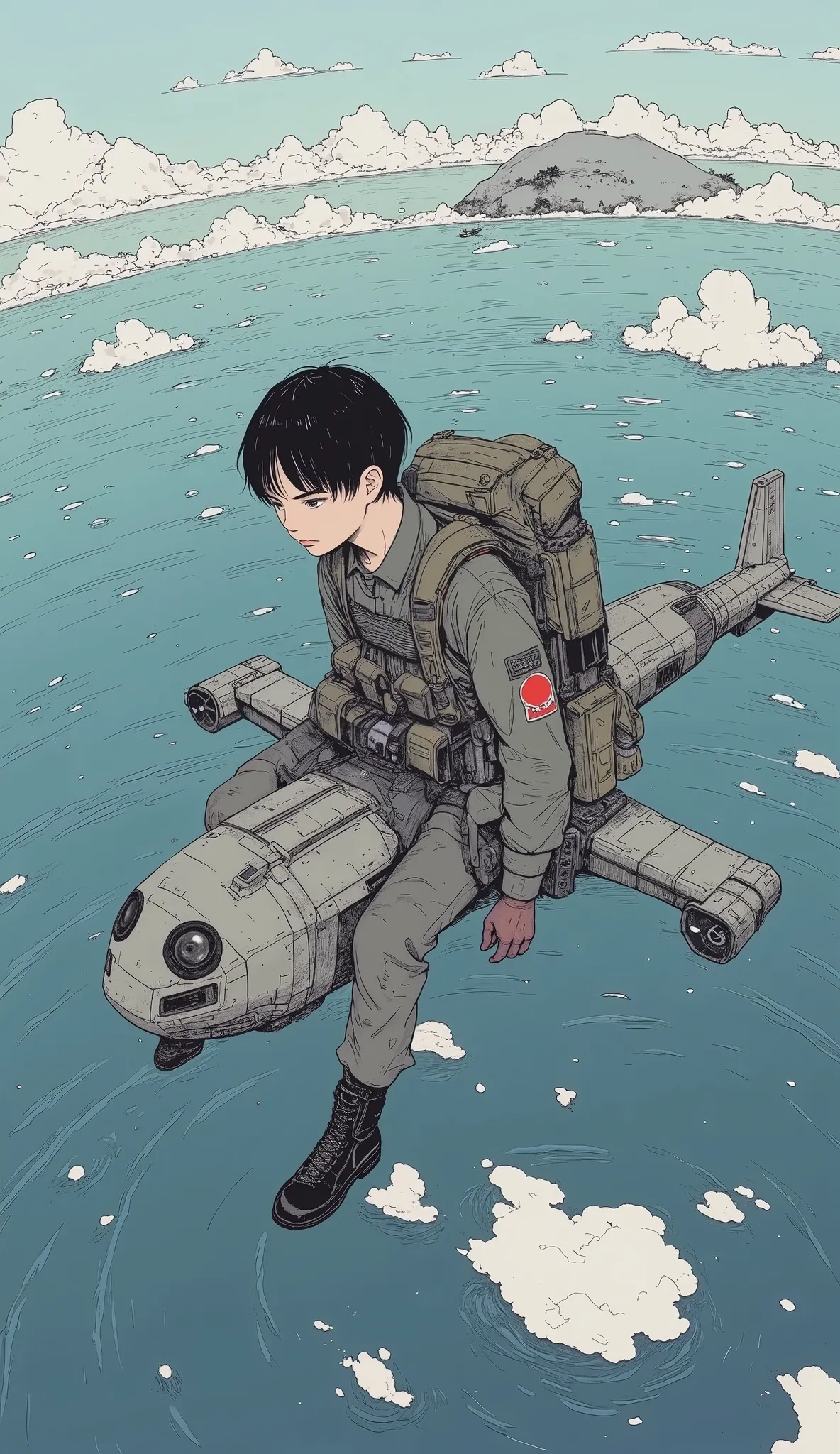  taken from above、 Fisheye 、An animated scene of a young Japanese soldier riding a large drone flying over the top of Japan's Pacific Fleet, Rinaldo Cuneo depicting a man with a drone  ,  Art Station Contest Winner ,  Digital Art ,  Pascal Blanche ,  Micha...