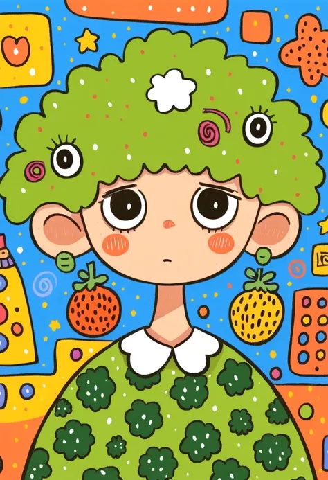  A painting， Hand drawn cartoon style,     brightly colored illustrations  , Cute cartoon ,    cute illustration  ：White Cloud ， Cute boy，Round eyes，Red Nose，Broccoli Hair  ，triangular cone cap ，Birthday hat