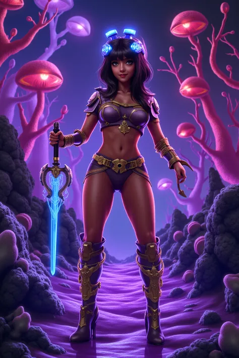 cute sci fi warrior(cute, age 25, woman, busty, nice hips, hourglass figure, shiny sexy battle suit, shiny sexy high heel combat boots, headband with lights and gizmos, energy sword), she is posing sexy, alien landscape, strange bioluminescent trees fungoi...