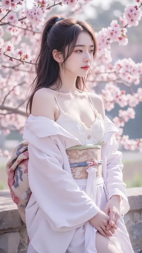  beautiful girl, 4k quality, whole body, Realistic skin, Japanese and Korean Faces,  Ponytail Hairstyle ,  Perfect Breast,  white kimono , Leg ,  Model Style, Cherry blossom background ,  Cherry Blossoms