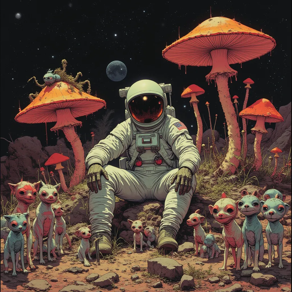 1960. night time on another planet. tired caucasian male astronaut with open helmet sits on ground covered with large colorful weird mashroom-like plants, astronaut is surrounded with a (large group of ten cute small little four-legged furry alien dog-like...