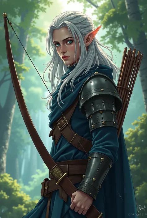 A picture of a short silver hair male elf hunter with blue eyes wearing studded leather, quiver , longbow , shortsword in anime style with ready to fight pose