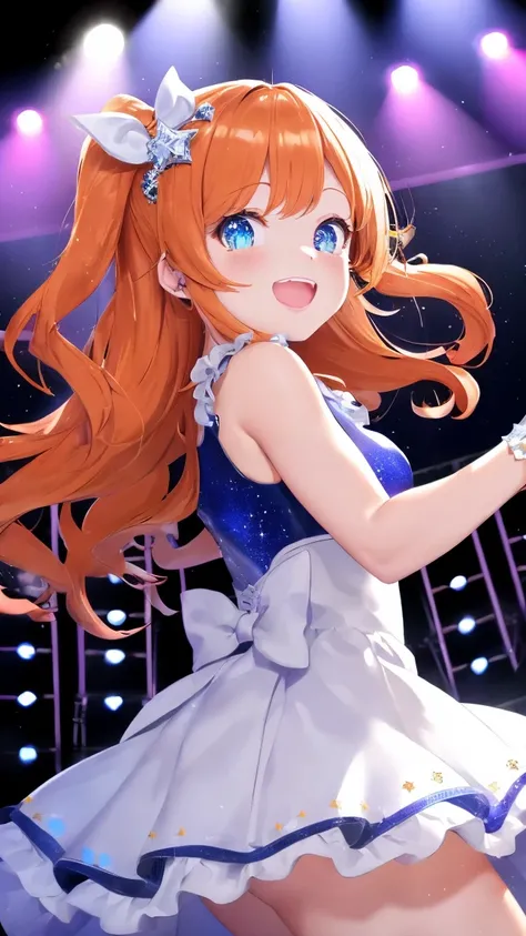 (masterpiece:1.3, best quality:1.3, ultra detailed:1.2)
(idol stage:1.2, spotlight effects:1.2, concert atmosphere:1.2)
(upper body:1.2, dynamic pose:1.2, looking at viewer:1.2)
(cheerful young girl:1.3, cute idol:1.2, energetic expression:1.2)
BREAK (oran...