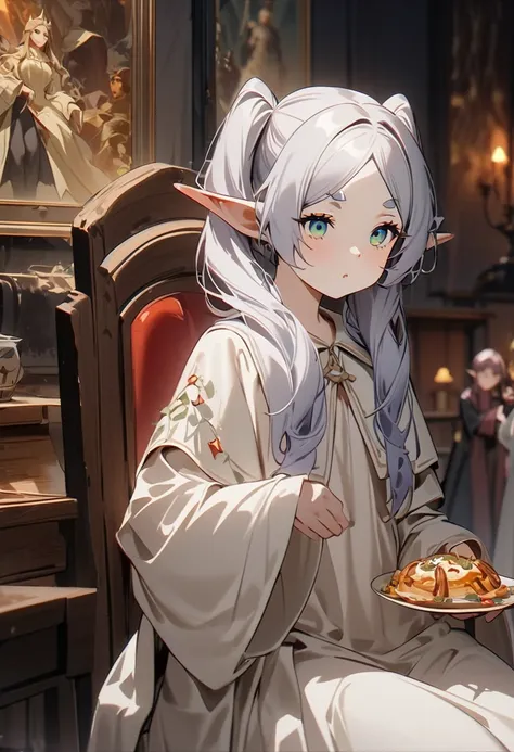  best quality,8k, freelen,葬送の freelen,Elf, the wizard,Mage, animation , white robe, twin tails,delicate art,Ultra fine,Petite, eats,delicious, beautiful,beautiful,Figurative Painting ,