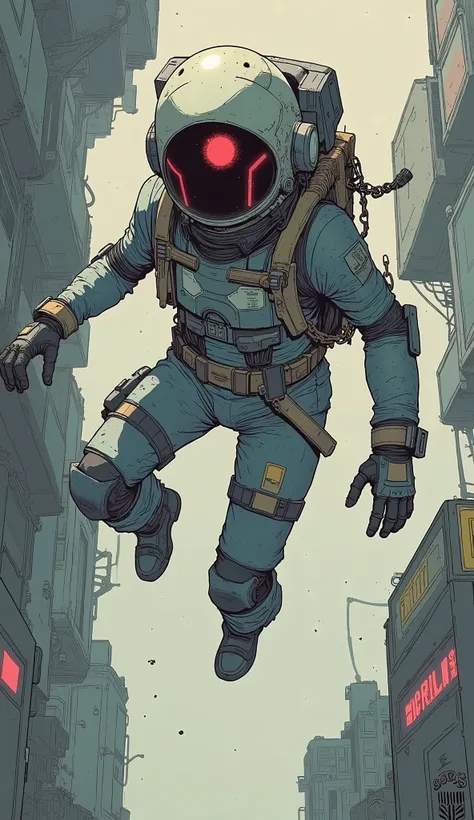  There is a cartoon picture of a man in a spacesuit flying,   Concept Art 。Victor Mosquera , polycount, conceptual art , :14 FLCL + Akira, FLCL cover, FLCL, :14 FLCL +  JET GRIND RADIO ,  cowboy bebop art style , Cyberspace Cowboys,   anime robot is an org...