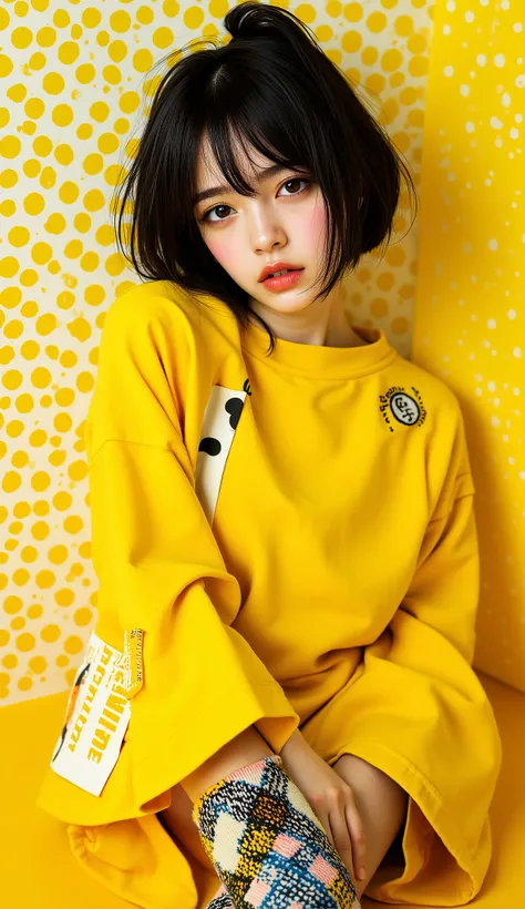 8k,  masterpiece,  highest quality,  Korea's beautiful women ,  short black bob haircut , pony ,  yellow outfit ,  polka dot background ,   bright yellow and black color scheme, geometric patterns, Trendy fashion, 1960s-inspired , Checkered socks, sitting ...