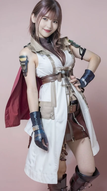 Lightning Fallon　 cosplay,  sleeveless, Shoulder rest, Cape,  skirt,  fingerless gloves ,  watch viewers,  pink short hair、   sexy smile ,  beautiful face,  No,  high-definition skin in summer,  幅広い腰, Short Curly Hair,  pink hair, white jedi robe ,  long j...