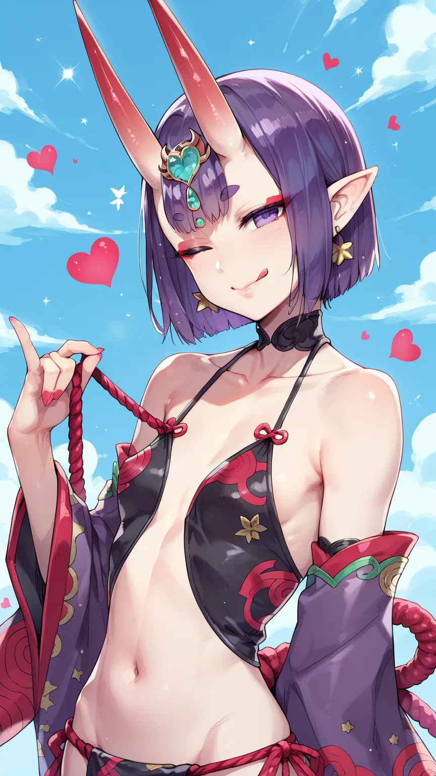 masterpiece, best quality, ReDrop, 1girl, shuten douji \(fate\), heart, horns, purple hair, dudou, tongue out, chinese clothes, navel, detached sleeves, one eye closed, solo, purple eyes, tongue, skin-covered horns, oni, collarbone, breasts, bare shoulders...