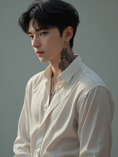 Masterpiece, best quality, 8k, highest quality, best graphic, beautiful eye, beautiful lip, beautiful background, black short hair, Korean man in 20s, white dress shirts, full shot, full body, tattoos at arms, huge butterfly tattoo at his neck, small ear r...