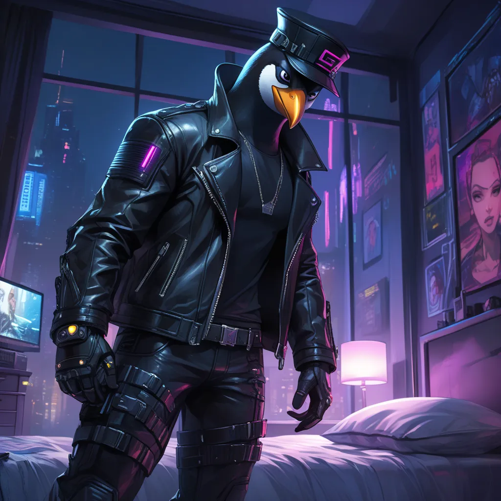 Closeup, Cinematic Angle、Watercolor, digital comic book art style, an extremely badass anthropomorphic penguin wearing an insanely cool black leather biker jacket open, black leather biker hat, black shirt, black leather biker gloves, black leather biker p...