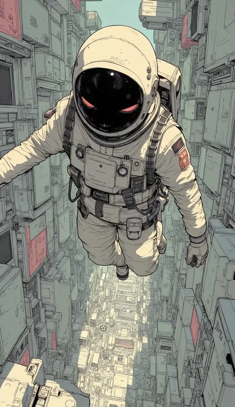  taken from above、 Fisheye 、 There is a cartoon picture of a man in a spacesuit flying,  Concept Art 。Victor Mosquera , polycount, conceptual art , :14 FLCL + Akira, FLCL cover, FLCL, :14 FLCL +  JET GRIND RADIO ,  cowboy bebop art style , Cyberspace Cowbo...