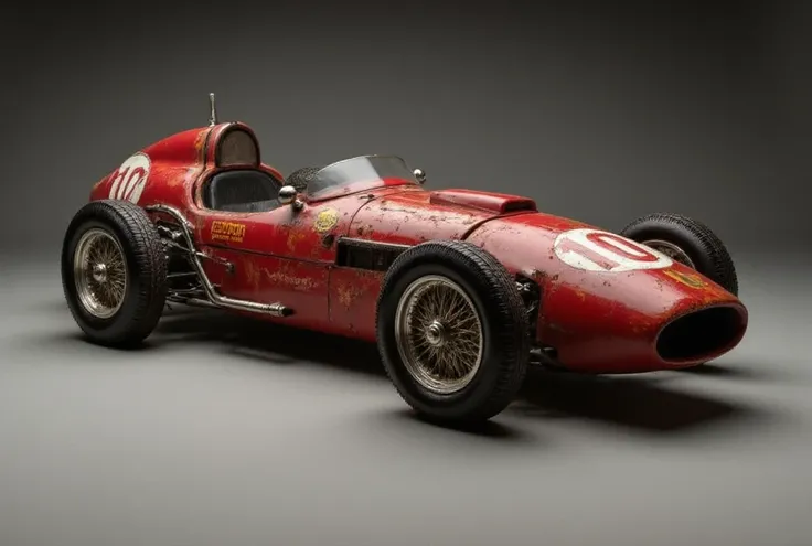 An old red racing car model. The car is located in a slightly inclined central view.  It is a detailed and highly stylized image of a classic racing vehicle. The color is a deep, rich red, with visible variations and patina suggesting a metallic or painted...