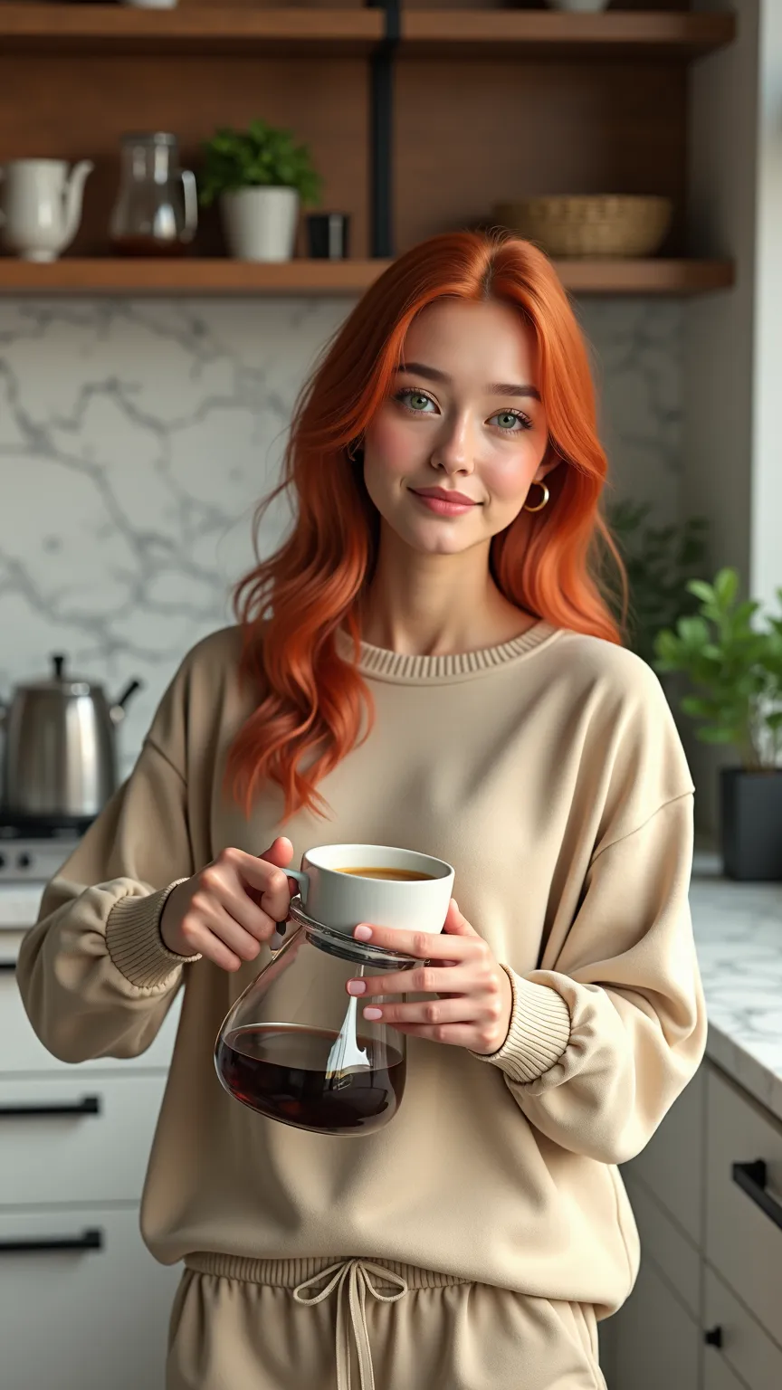 "A photorealistic 18-year-old young woman with radiant, smooth skin, vibrant red hair, and captivating green eyes is making coffee in a sleek, modern kitchen. She wears a beige oversized sweater and jogger pants, looking effortlessly stylish. As she pours ...