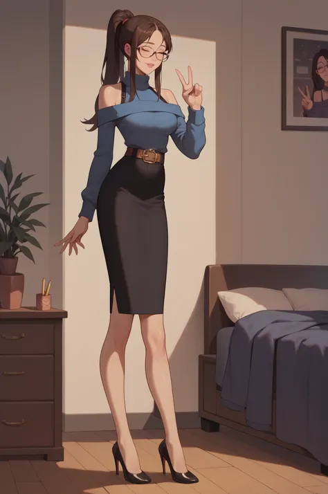 1 girl, dark blue sweater, sweater long tight sleeves, sweater revealing shoulders, pencil skirt, black skirt, belt, heels, bedroom, long hair, dark brown hair, ponytail, shiny hair, closed eyes, glasses, standing up, peace sign