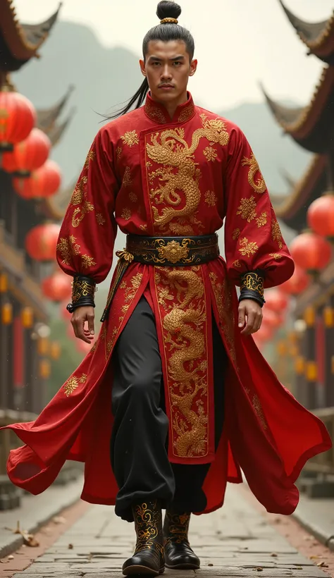 A handsome and charismatic 20-year-old Chinese young man walks forward with strength and grace, embodying the elegance and power of Chinese tradition. His physique is strong and well-built, radiating confidence and determination. His hair is styled in a tr...