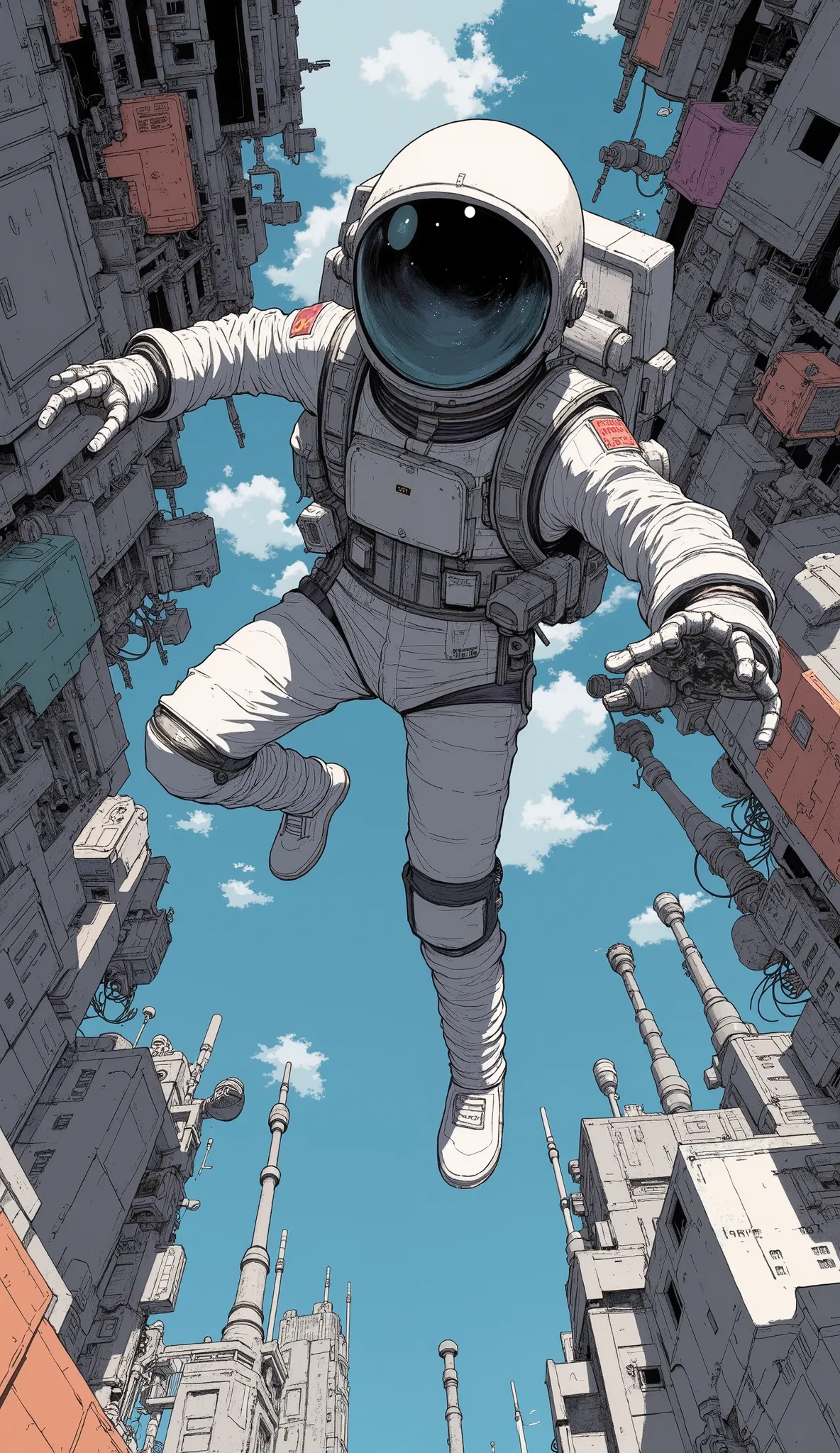  taken from below、 Fisheye 、 There is a cartoon picture of a man in a spacesuit flying,  Concept Art 。Victor Mosquera , polycount, conceptual art , :14 FLCL + Akira, FLCL cover, FLCL, :14 FLCL +  JET GRIND RADIO ,  cowboy bebop art style , Cyberspace Cowbo...