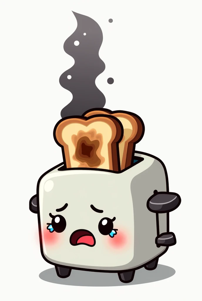 A cute and cartoonish digital illustration of an anthropomorphic toaster with a distressed expression. The toaster has a simple, rounded design with a light gray body and small black feet. Its face features large, teary eyes and an open mouth, expressing s...