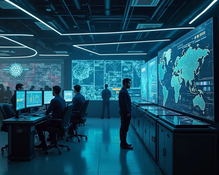 A sophisticated research environment focused on AI innovation, with no human faces shown. The scene features a high-tech laboratory with advanced equipment like powerful servers and large screens displaying complex AI research, neural networks, and data an...