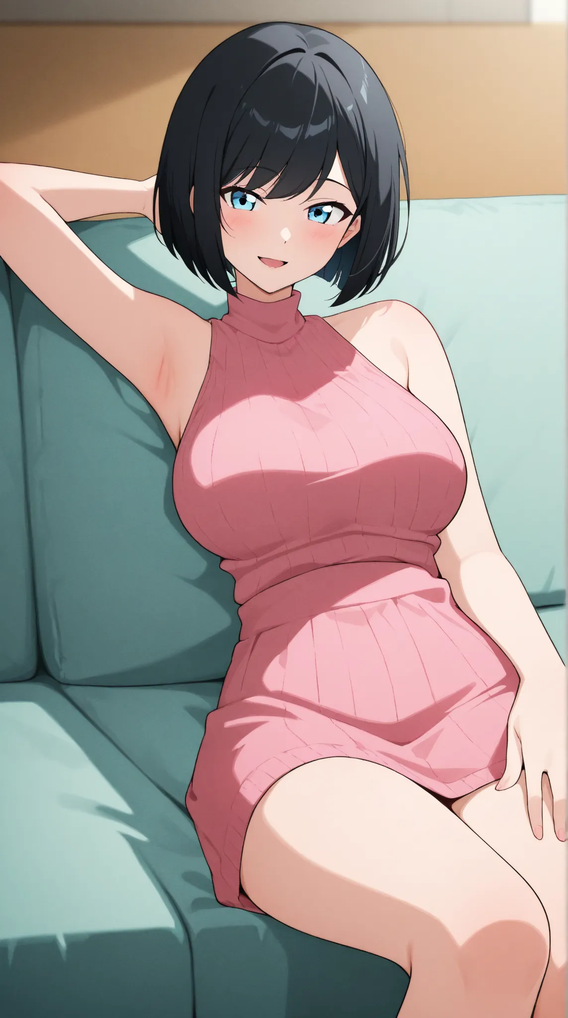  sleeveless,   high neck,  slender,  female in her 20s、(Big Breasts : 0.5),　 Cute Hairstyle ,  black hair、 Cute bob cut、 Inward curl,  up to about half of the thigh 、 seductive pose ,  ( A woman enjoying a relaxing time :1.5)、  the soft lighting is sexy  ....