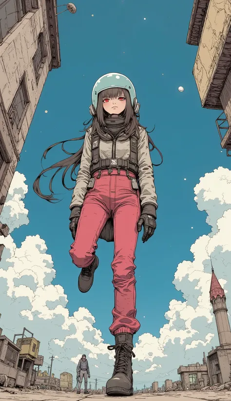  taken from below、 Fisheye 、 There is a cartoon picture of a man in a spacesuit flying,  Concept Art 。Victor Mosquera , polycount, conceptual art , :14 FLCL + Akira, FLCL cover, FLCL, :14 FLCL +  JET GRIND RADIO ,  cowboy bebop art style , Cyberspace Cowbo...