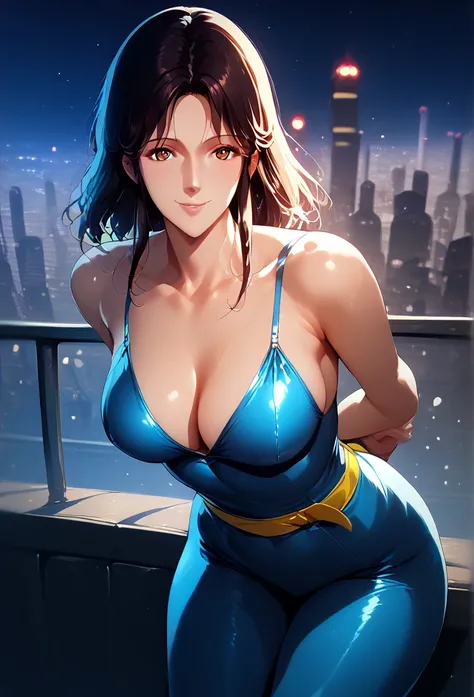 handjob，1girl,  fh1to, Blue_Catsuit_Yellow_Belt,leaning forward, smiling, seductive, arms behind back, night, cityscape, blurry background, depth of field, backlighting, BREAK score_9, score_8_up, score_7_up, score_6_up, score_5_up, score_4_up, source_anim...