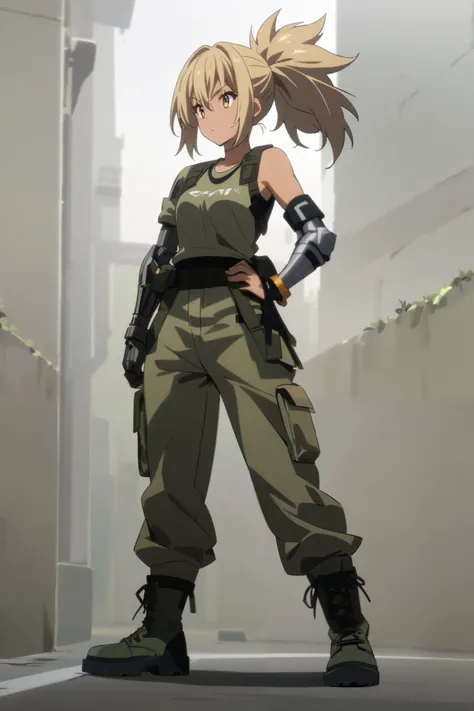 Anime; female; muscular; metal prosthetic right arm; right arm in front; green camo army slacks; combat boots; plain grey exercise shirt; very light tan; golden-bronze-coloured hair and eyes; short, spiky ponytail; full body shot