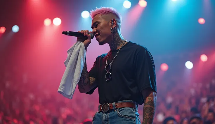 A charismatic asian rapper stands confidently on stage, bathed in the electric energy of the cheering crowd. His pastel pink hair is styled in a short, edgy cut, contrasting with the intricate tattoos covering his body—sharp black lettering etched across h...