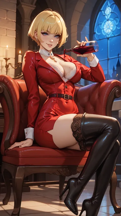 Sexy Jenny, UHD,  short hair,  yellow hair ,  big breasts, Wearing a low-cut red suit, thigh-length silk stockings,  black high-heeled boots,  in a medieval castle ,  at night, sitting on an antique chair, pose sexy, Drinking wine from a glass,