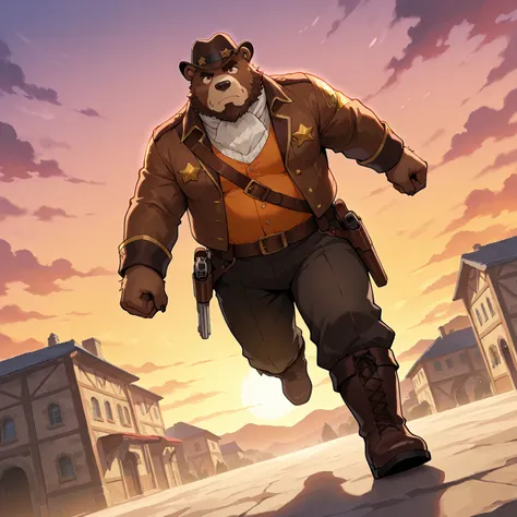 character focus, full body, looking away, dynamic angle, western, sheriff, a musclegut middle-aged bear man, western sheriff's costume clothes, sheriff's hat, pistol, revolver holster, gun duel, dynamic pose, BREAK full body in Michelangelo Buonarroti styl...