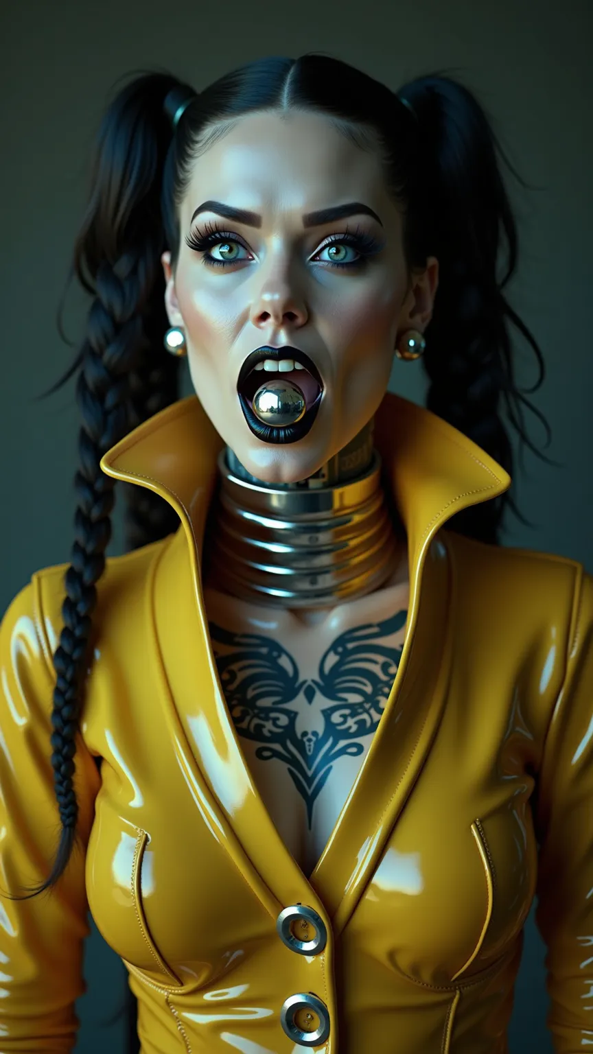 ANGELINA JOLIE, Dominatrix  , pale skin, vampire, nosferatu, BDSM, blue yellow latex , brilliant, metallic, corps latex noir, leggings en latex noir,   latex Japanese latex kimono  , cuissardes Bottes en latex yellow pour les cuisses, yellow latex corset, ...