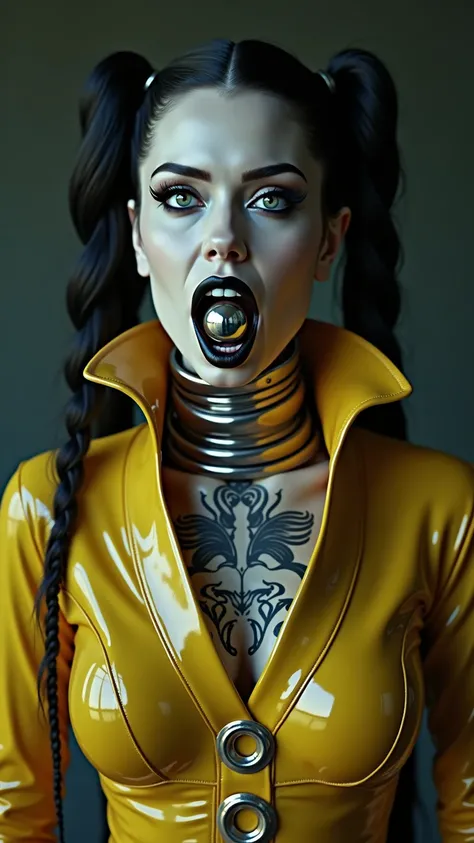 ANGELINA JOLIE, Dominatrix  , pale skin, vampire, nosferatu, BDSM, blue yellow latex , brilliant, metallic, corps latex noir, leggings en latex noir,   latex Japanese latex kimono  , cuissardes Bottes en latex yellow pour les cuisses, yellow latex corset, ...