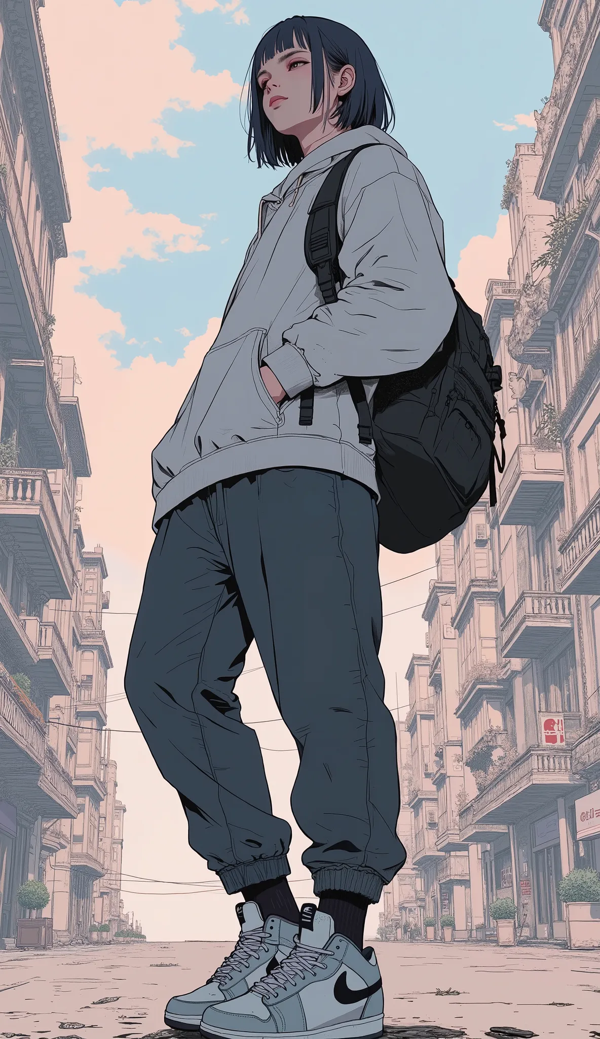  Nike ad featuring a man in a backpack and sneakers,  Modern anime style  ,   high quality anime art style  , very  Modern anime style  ,  trending anime art , Style Anime,  trending anime art work,  anime style 4k ,  anime style character , Badass Anime 8...