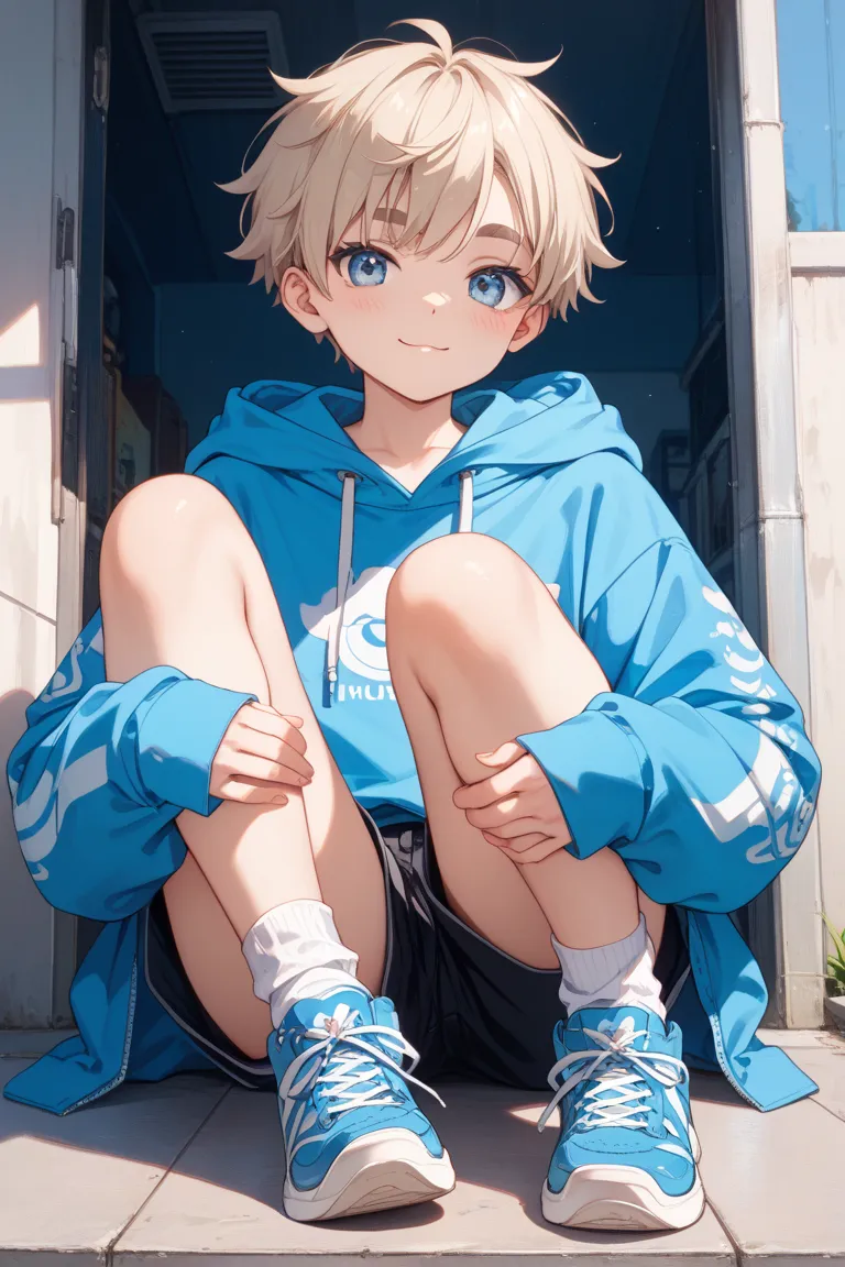 The appearance of a cute  boy is a neutral face with short blond hair and long eyelashes。Slightly thick eyebrows。 gentle expression。 blue oversized hoodie layered from hoodie hem。Short black shorts that can be seen slightly from the hem of the hoodie。white...