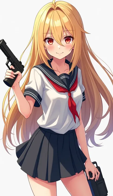 1 girl [appearance= " long blond hair", " red eyes", "height:  178 cm "] [Clothes= " school uniform"] [Weapons= "taser "] ( full body plane)  illustration, anime style 4k,  Precise,  super detailed ,  tall details ,  high resolution,  High Quality,  high d...