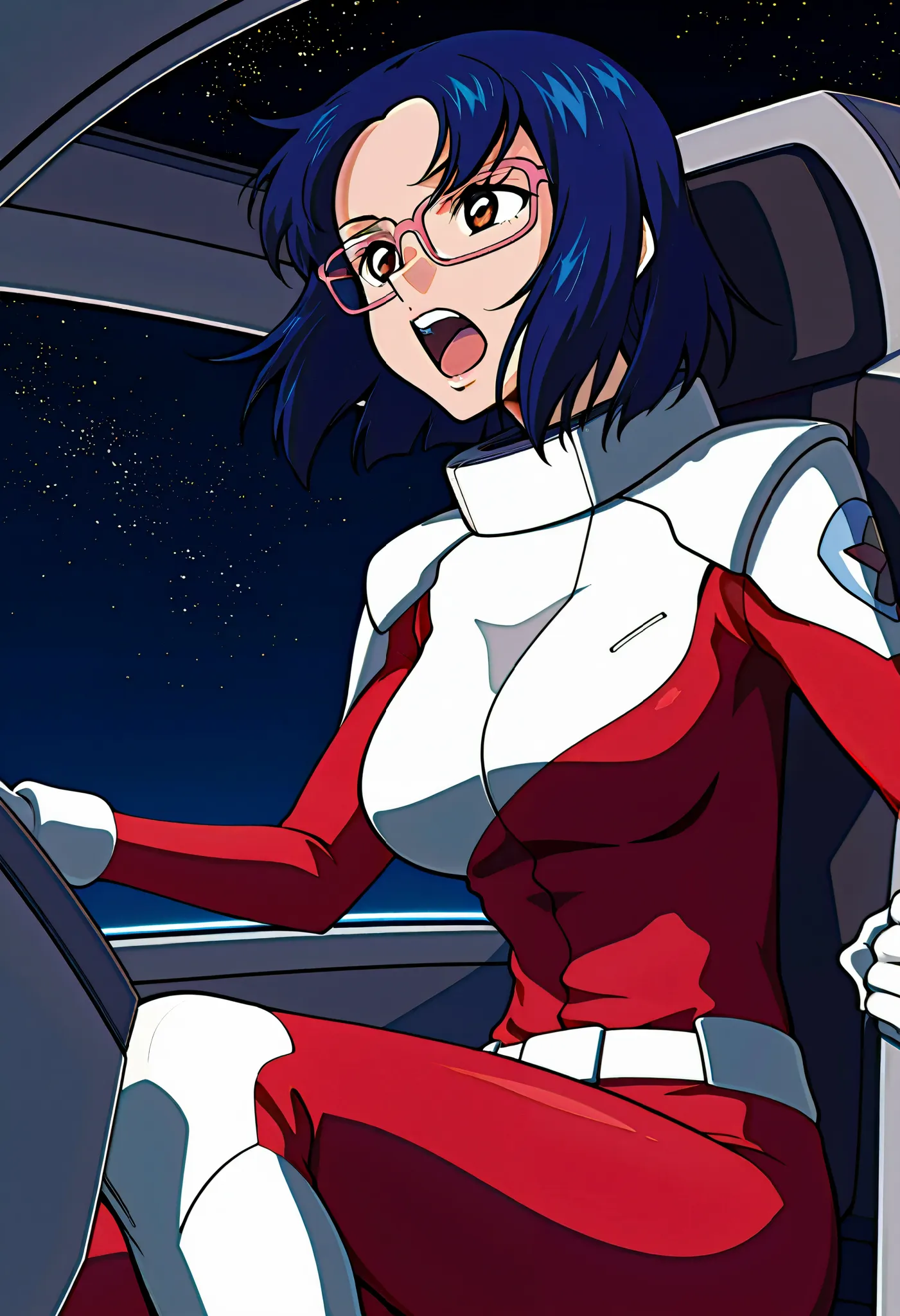 masterpiece, best quality,amazing quality、 1 female,、juriwunien , brown eyes, blue hair, short hair, glasses, pilotsuit、 is the cockpit in the background、 sits in the cockpit、 泣き顔、 is shouting with his mouth open、
