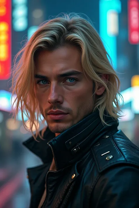 Create a portrait of a handsome young blonde man,  Cyberpunk style , extremely realistic,  in detail,  Masterpiece 