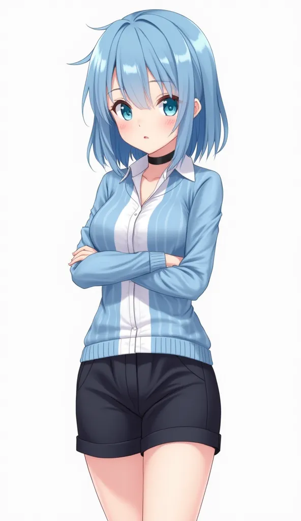 1 girl [appearance= " light blue eyes", " Blue Hair", " Shoulder-length hair ", "height: 164 cm "] [Clothes= "blue and white blouse ", " black shorts", " black neck strap "] ( full body plane)  illustration, anime style 4k,  Precise,  super detailed ,  tal...