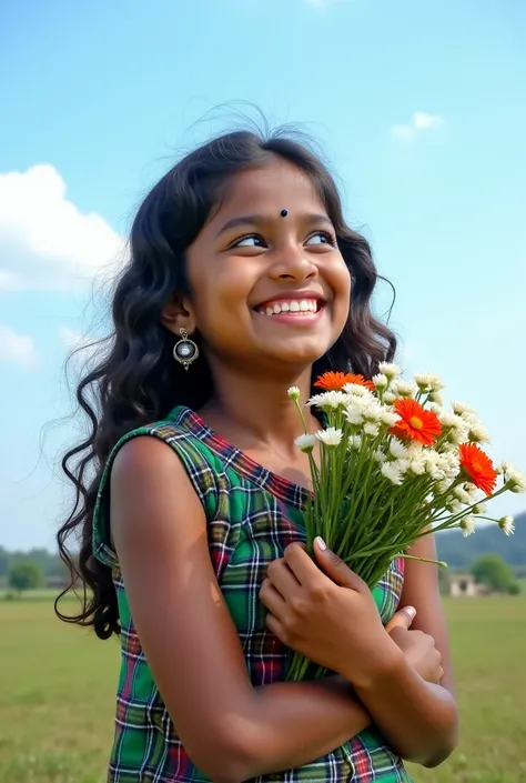 A natural life like photo of a 17-year-old Sinhala Girl, Holding whimsical hopes, exploring the distant sky through her eyes, smiling earrings on her face, pottu on her forehead, while holding the fragrant flowers in her heart, dimpled deep indentations on...